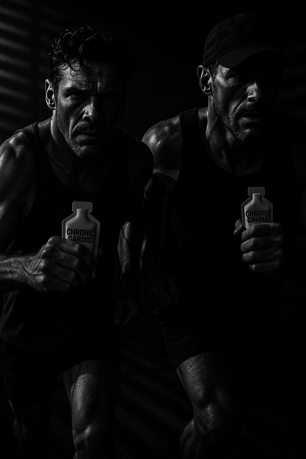 Athletes running with Chronic Cardio energy gels in dramatic black and white
